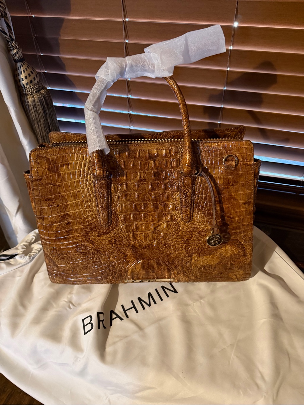 Brahmin Cognac Croc-Embossed Leather Satchel Finley Carry All